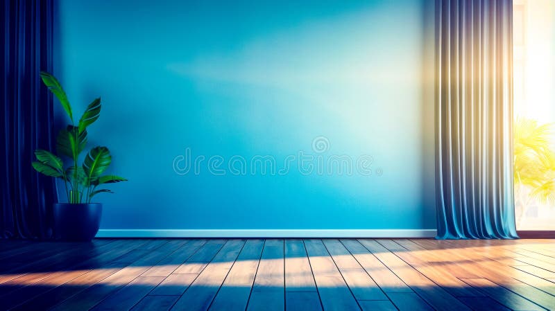 Pusty pokój z niebieską ścianą i posadzić w rogu pokoju. ai generacyjne fotografia royalty free