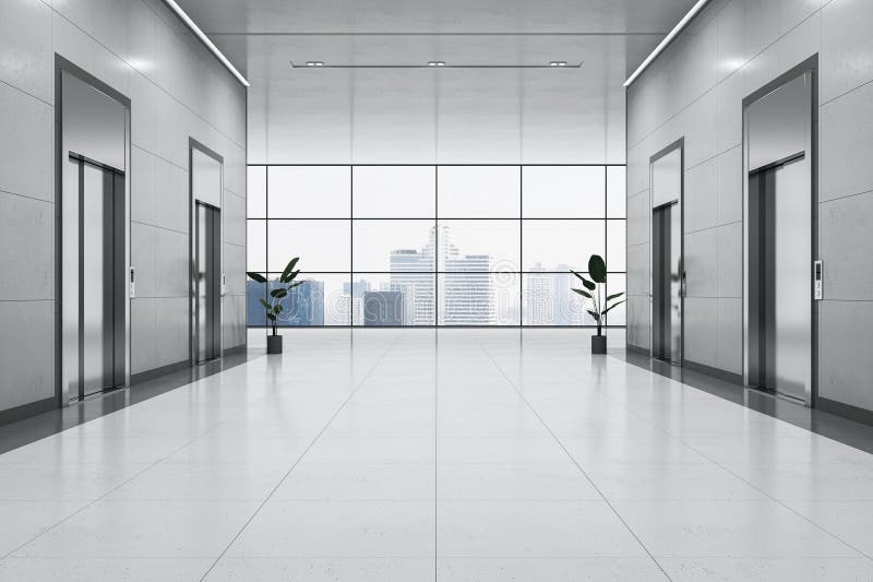 Pusty przestronny korytarz centrum biznesowego z zielonymi roślinami i miejsce na prezentację produktu na podłodze betonowej międz
