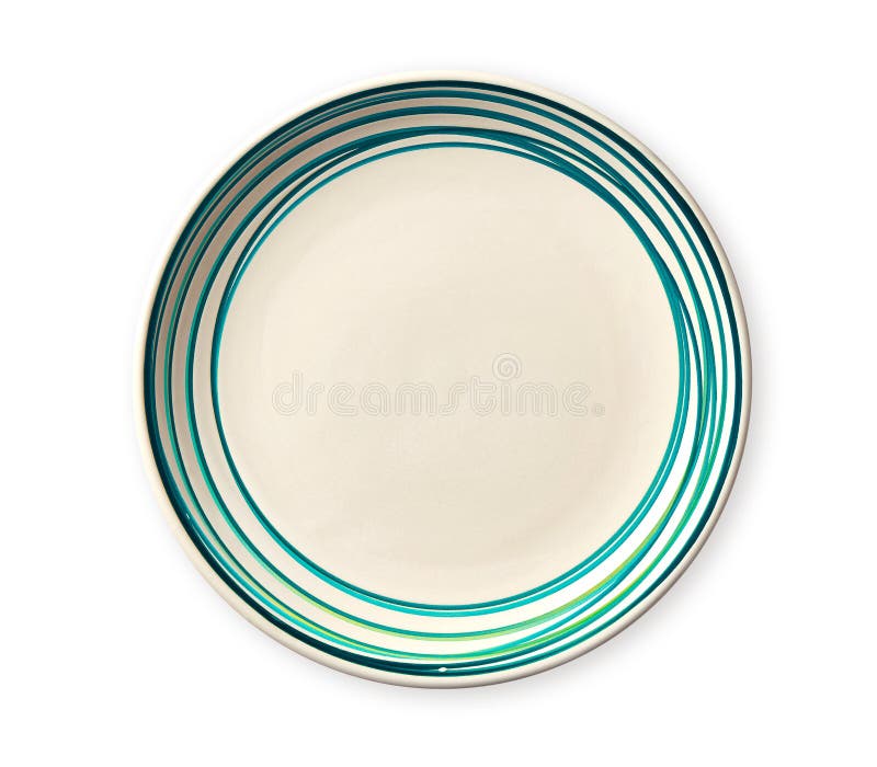 Pusty talerz z błękita wzoru krawędzią, Ceramiczny talerz z spirala wzorem w akwareli projektuje, odizolowywał na białym tle