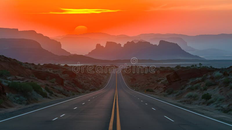 Pustynna autostrada przy zachodniej sylwetce kanionu przeciw ciepłemu niebu ilustracji