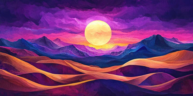 Pustynny krajobraz z kroczącymi wydmami pod purpurowym zachodnim piaskiem majestatycznym marzycielskim tłem pustyni Twilight ilustracji
