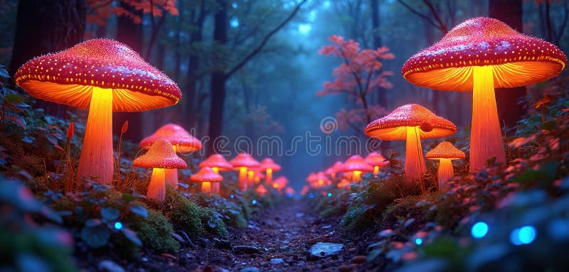 Puszcza grzybowa psychodeliczna wypełniona kolorowymi świecącymi grzybami psylocybinowymi. Halucynogenne trippy mindlingu doświadc zdjęcia stock