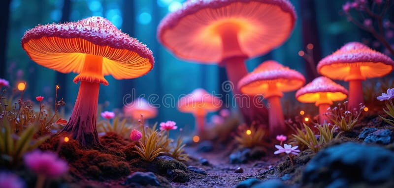 Puszcza grzybowa psychodeliczna z jasnymi, barwnymi grzybami psylocybinowymi. Trippy żywy artystyczny neon barwy halucynogenne obraz royalty free