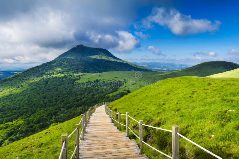 Puy de Dome mountain and Auvergne landscape during the morning