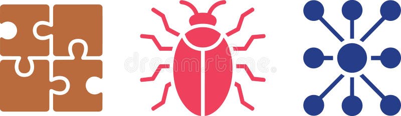 A flat vector icons set with 3 graphics including puzzle pieces a bug and a network structure. Ideal for representing software debugging and problem solving. 3 puzzle illustrations