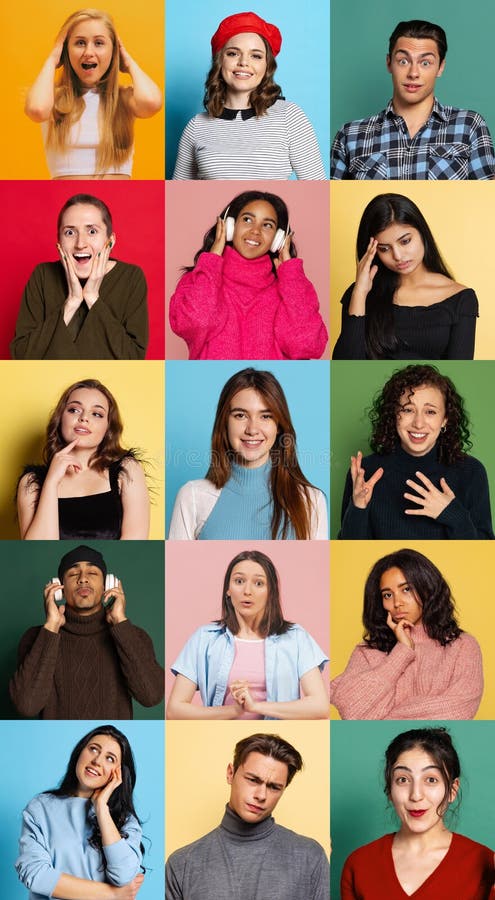 Collage of portraits of expressive male and female models, multiethnic group. Human emotions, facial expression, sales royalty free stock image