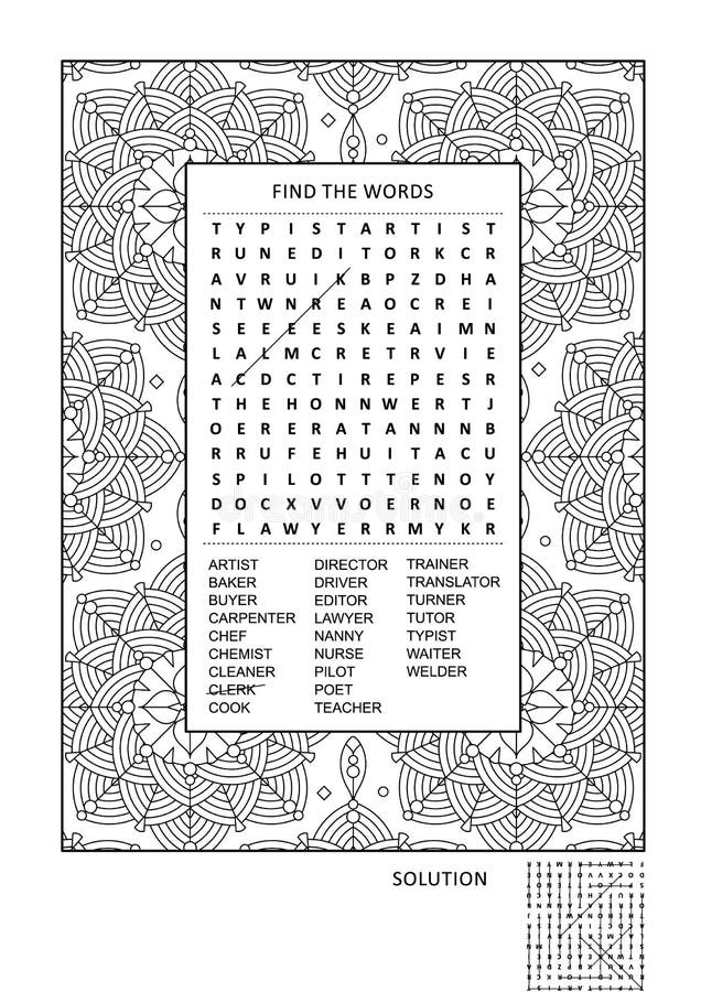 Puzzle and coloring activity page for grown-ups with jobs, occupations themed word search puzzle English and wide decorative frame to color. Family friendly. Answer included. Puzzle and coloring activity page for grown-ups with jobs, occupations themed word search puzzle English and wide decorative frame to color. Family friendly. Answer included.