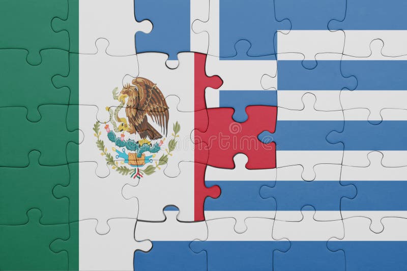 Puzzle with the colourful national flag of greece and mexico concept fotografia stock