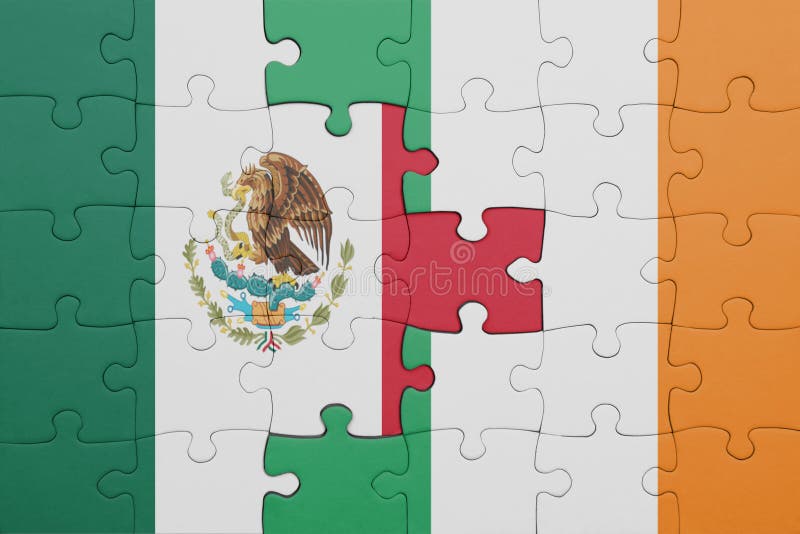 Puzzle with the colourful national flag of ireland and mexico concept immagine stock