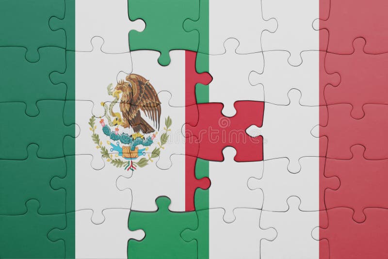 Puzzle with the colourful national flag of italy and mexico concept fotografia stock