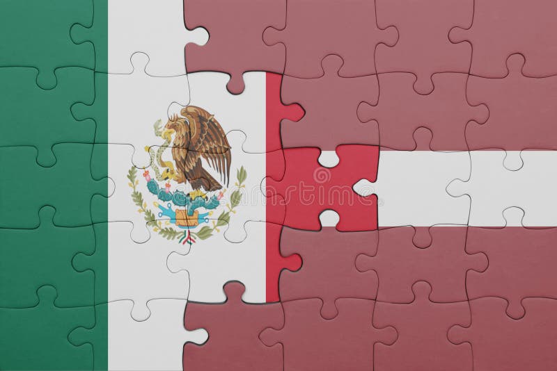 Puzzle with the colourful national flag of latvia and mexico concept fotografia stock