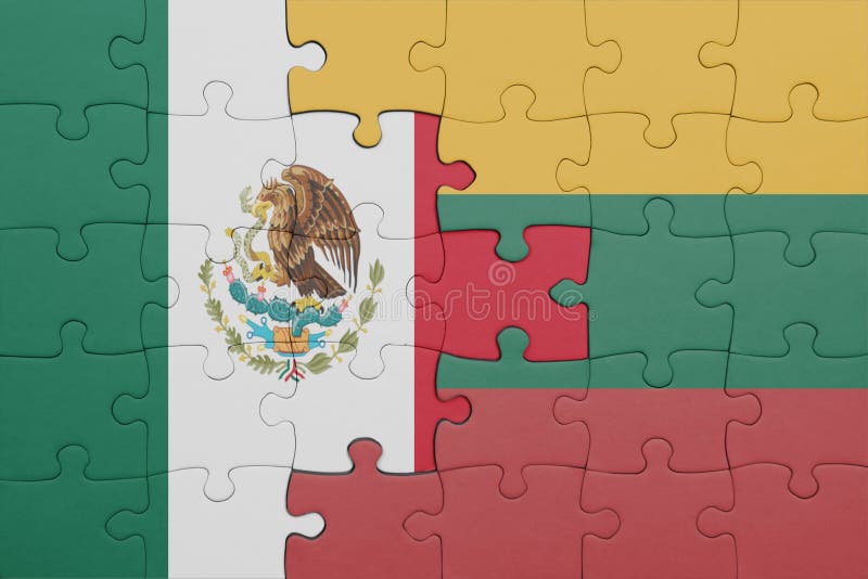 Puzzle with the colourful national flag of lithuania and mexico concept immagine stock
