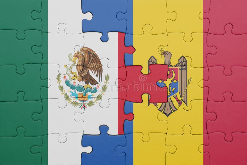 Puzzle with the colourful national flag of moldova and mexico concept fotografia stock
