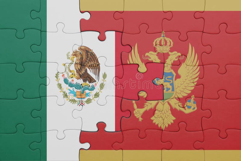 Puzzle with the colourful national flag of montenegro and mexico concept fotografie stock