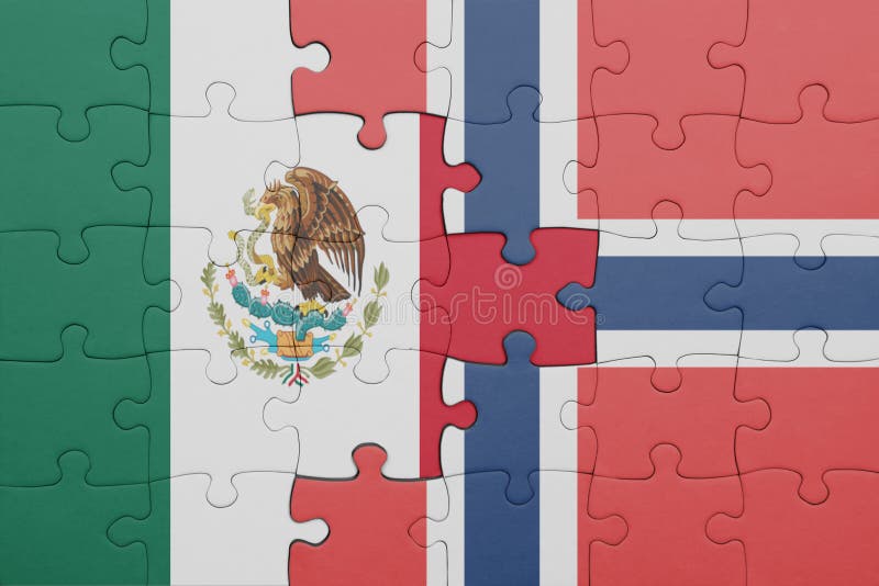 Puzzle with the colourful national flag of norway and mexico concept fotografia stock