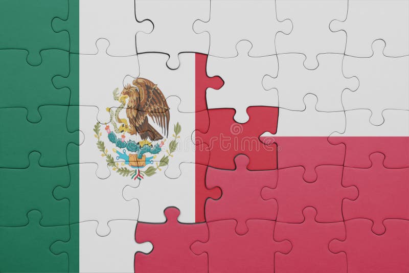 Puzzle with the colourful national flag of poland and mexico concept fotografia stock