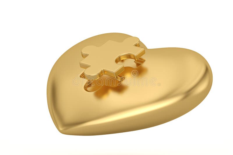 Puzzle d'oro e cuore isolato su fondo bianco Figura 3d illustrazione vettoriale