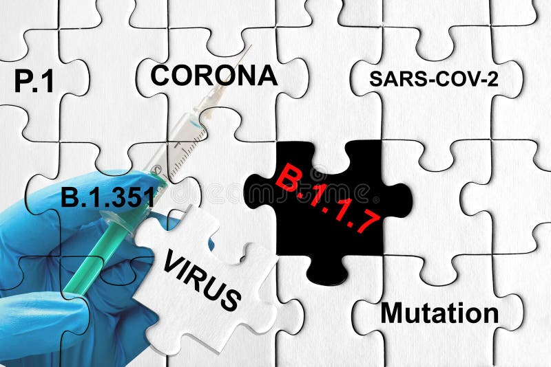 Puzzle with different Corona Virus Variants. Sars-cov-2, P.1, B.1.1.7, B.1.351