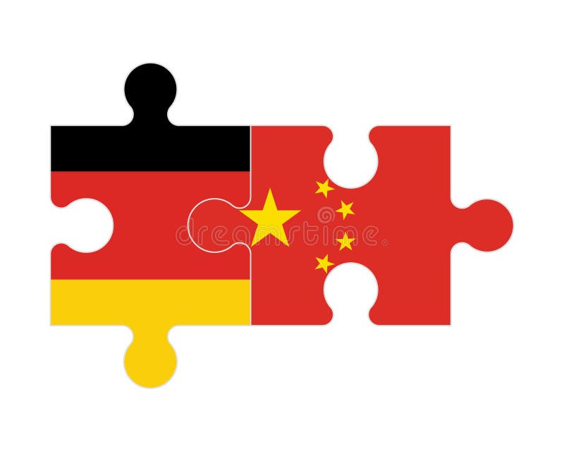 Flags of Germany and China on Flagpoles on Side. Flags on a Blue