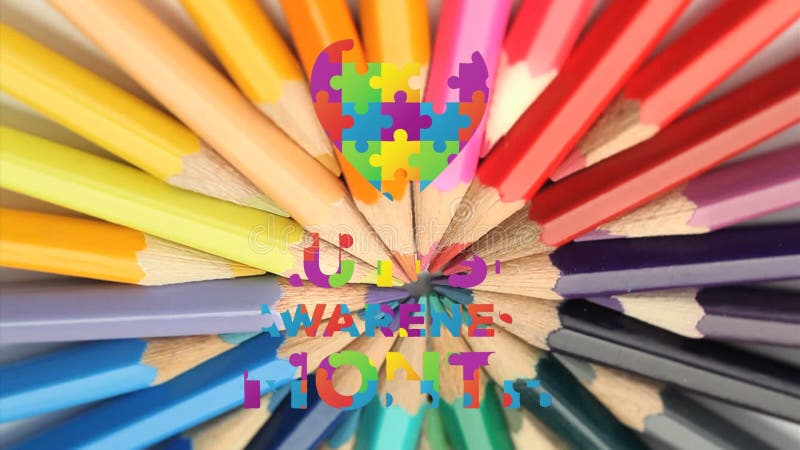 Puzzle formant un texte de mois du coeur et de sensibilisation à l'autisme en rotation de crayons de couleur illustration libre de droits