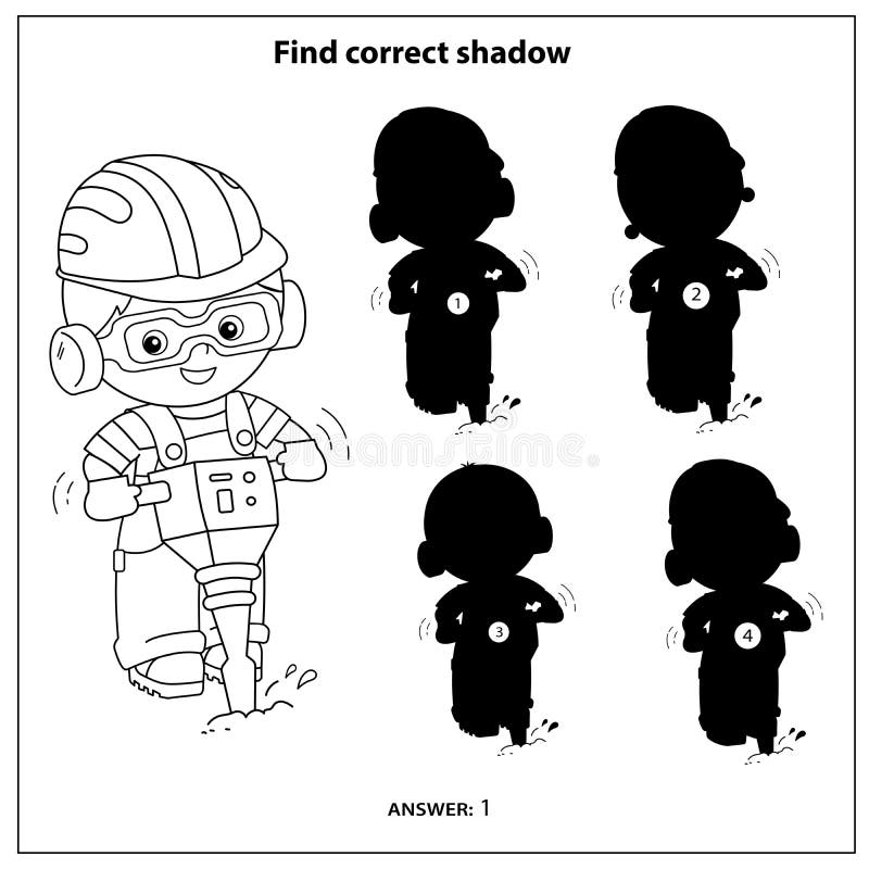 Puzzle Game för barn Hitta rätt skugga Byggare med jackhammer yrke Färgbok för barn royaltyfri illustrationer