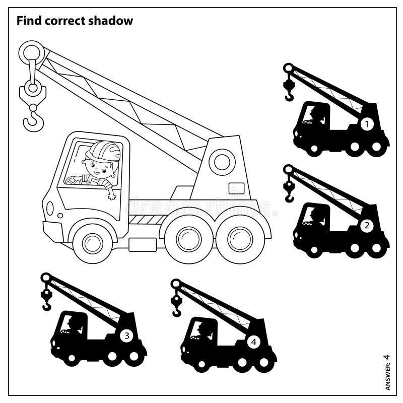 Puzzle Game per bambini Trova l'ombreggiatura corretta Gru a carrello Veicoli da costruzione Libro di colorazione per bambini illustrazione di stock