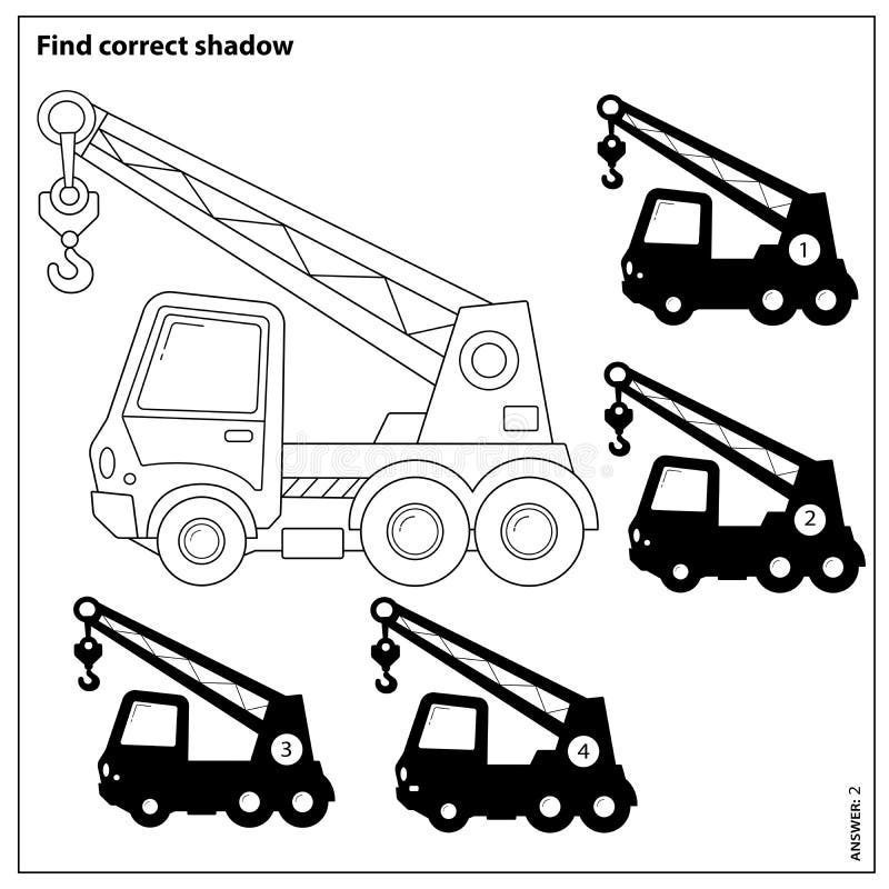 Puzzle Game per bambini Trova l'ombreggiatura corretta Gru a carrello Veicoli da costruzione Libro di colorazione per bambini illustrazione vettoriale