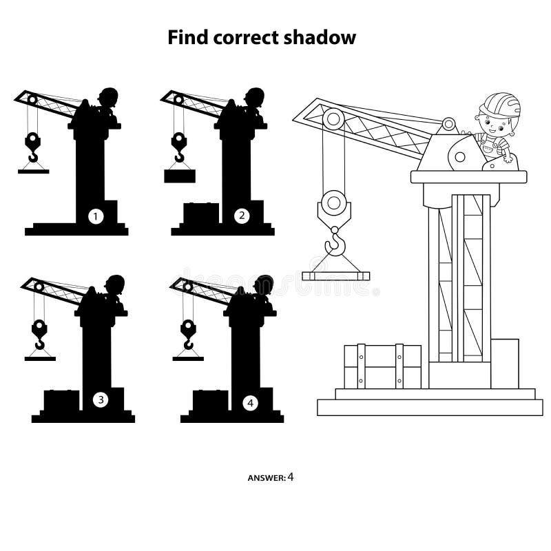 Puzzle Game per bambini Trova l'ombreggiatura corretta Gru di sollevamento Veicoli da costruzione Libro di colorazione per bambin royalty illustrazione gratis