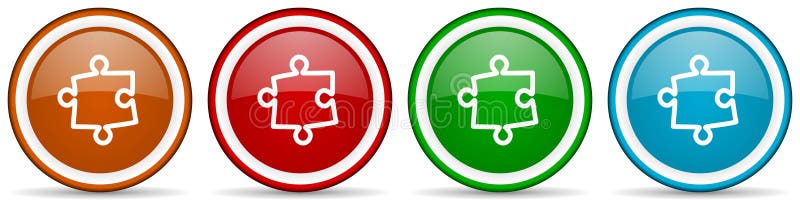 Puzzle glossy icons, set of modern design buttons for web, internet and mobile applications in four colors options isolated on vector illustration