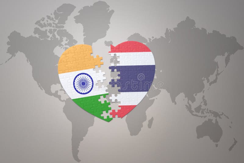 Puzzle heart with the national flag of india and thailand on a world map background.Concept