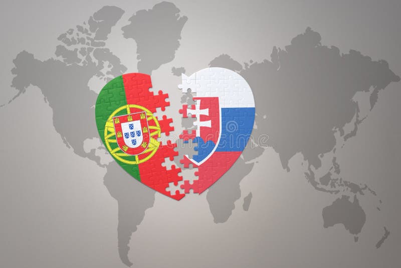 Puzzle srdce so štátnou vlajkou Portugalska a Slovenska na pozadí mapy sveta. Koncept