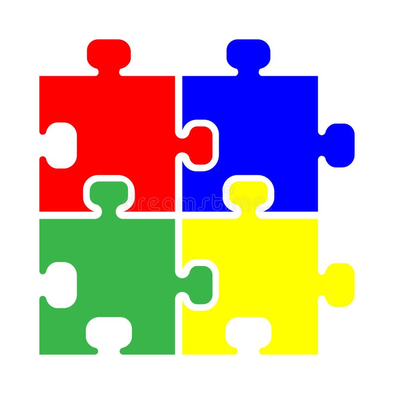 Four Piece Jigsaw Puzzle In Red, Blue, Green And Yellow Stock