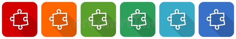 Puzzle icon set, flat design vector illustration in 6 colors options for webdesign and mobile applications stock illustration