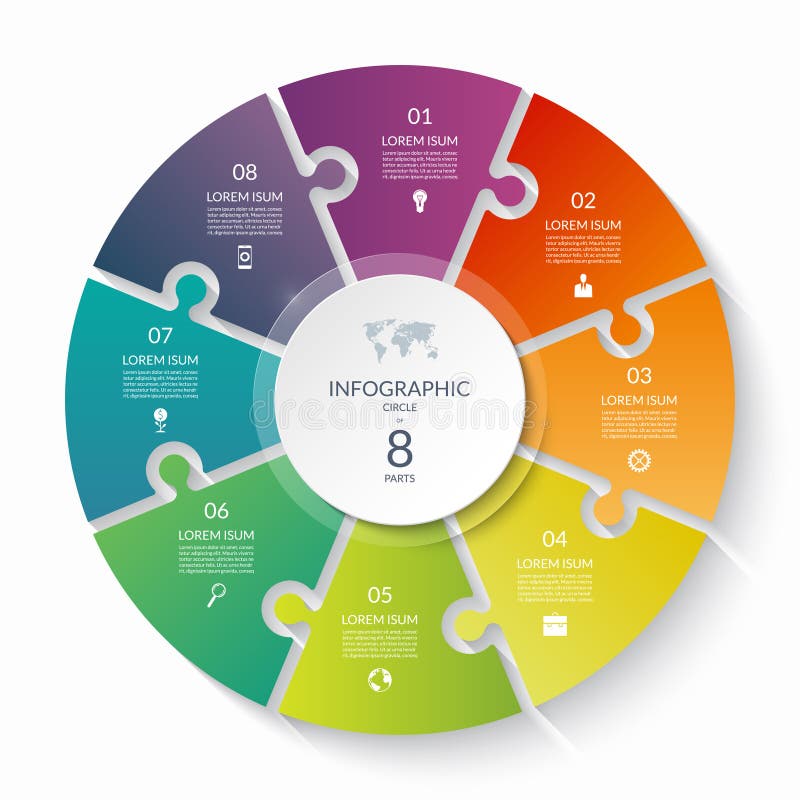 Puzzle infographic circle with 8 steps, options, pieces. Eight-part cycle chart. stock illustration