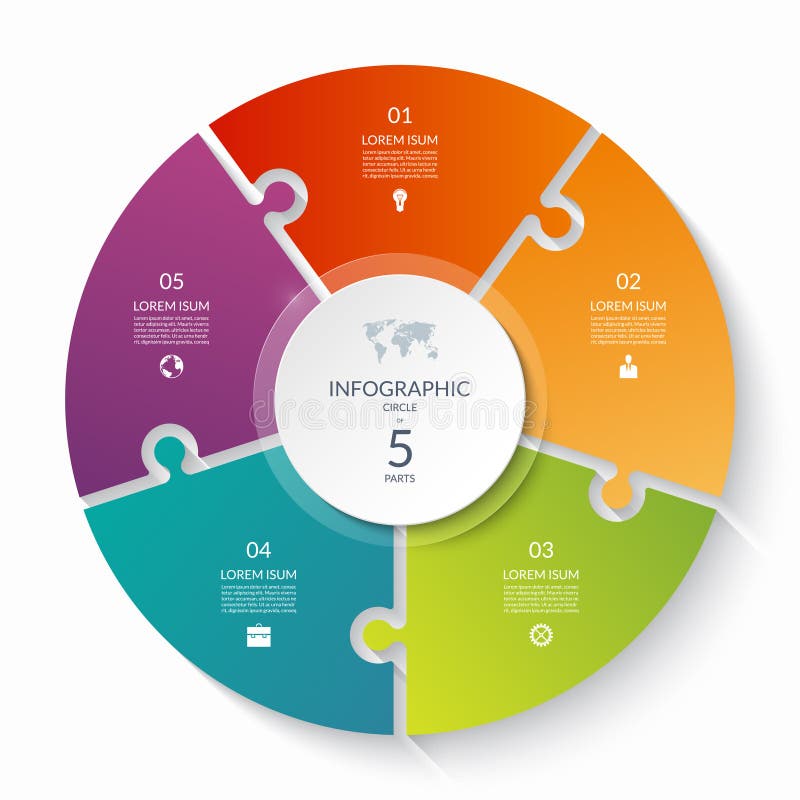 Puzzle infographic circle with 5 steps, options, pieces. Five-part cycle chart. royalty free illustration