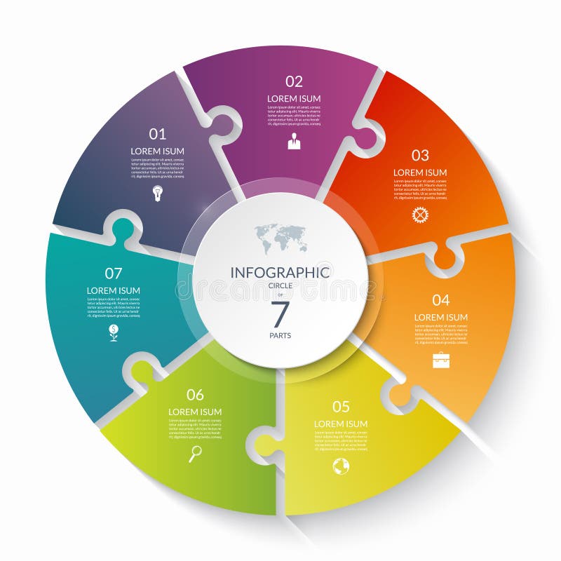 Puzzle infographic circle with 7 steps, options, pieces. Seven-part cycle chart. vector illustration