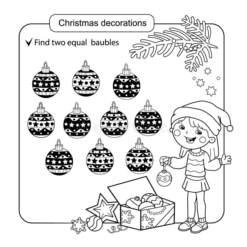 Puzzle for kids. Kid mind game. Assorted things to find the match. Christmas balls set. Coloring page for children. vector illustration Puzzle for kids. Kid mind game. Assorted things to find the match. Christmas balls set. Coloring page for children. vector illustration