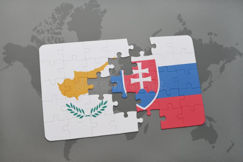 Puzzle so štátnou vlajkou Cypru a slovenska na pozadí mapy sveta.
