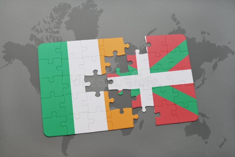 puzzle with the national flag of ireland and basque country on a world map background. 3D illustration