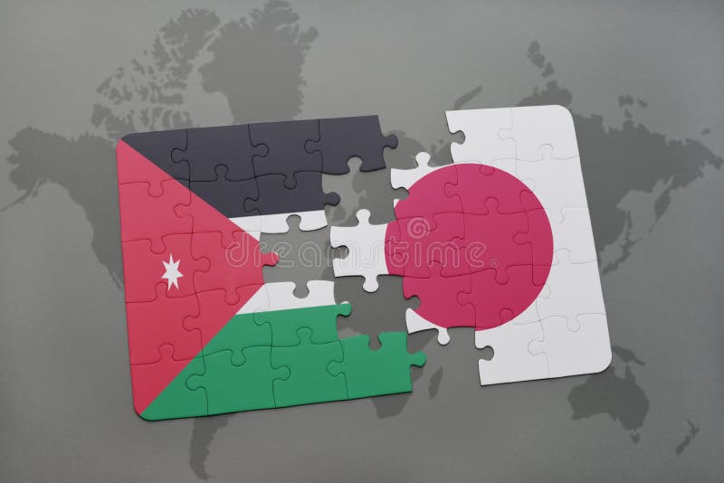 Puzzle with the national flag of jordan and japan on a world map background. vector illustration