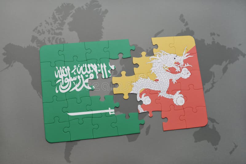 puzzle with the national flag of saudi arabia and bhutan on a world map background. vector illustration puzzle with the national flag of saudi arabia and bhutan on a world map background. vector illustration
