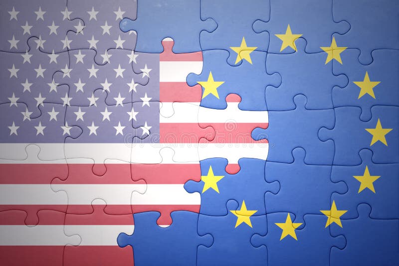 Puzzle with the national flags of united states of america and european union stock images Puzzle with the national flags of united states of america and european union stock images