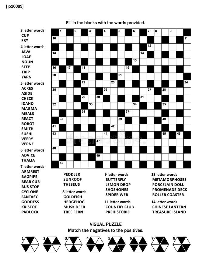 Puzzle page with crossword word game and picture riddle