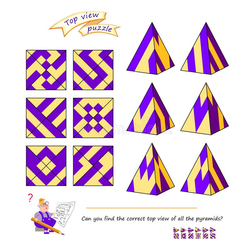 Puzzle pentru cel mai inteligent. Poți găsi imaginea corectă de sus a tuturor piramidelor?? Joc logic pentru copii și adulți labir vector illustration