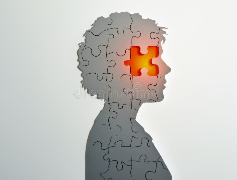 Puzzle pieces composing a human silhouette with one glowing piece symbolizing self discovery vector illustration
