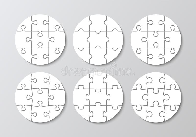 Puzzle pieces grids set in circle frame. Jigsaw collection with 9 details. Scheme of thinking game stock illustration