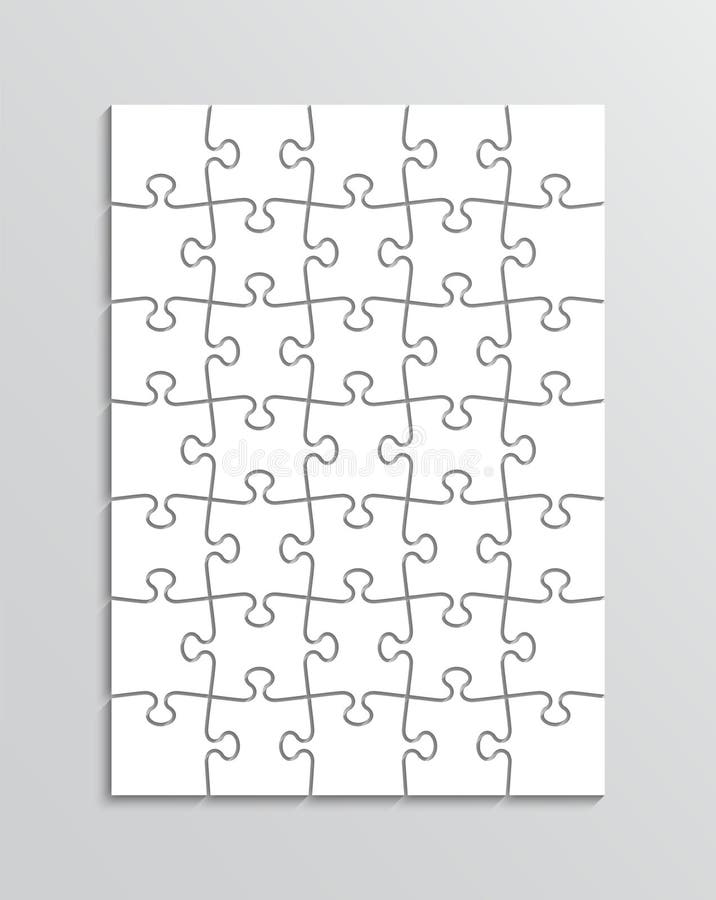Puzzle pieces with 35pieces. Jigsaw outline grid. Thinking game. Simple mosaic layout with separate shapes vector illustration