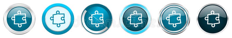 Puzzle silver metallic chrome border icons in 6 options, set of web blue round buttons isolated on white background royalty free illustration