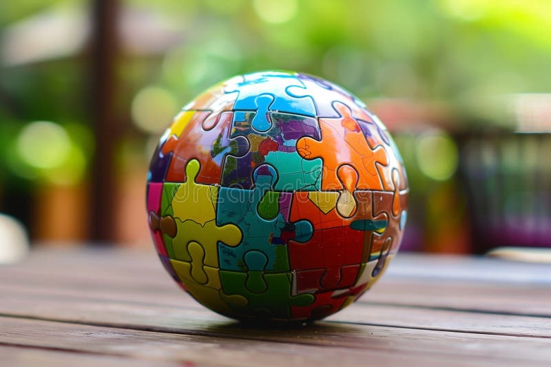 Puzzle-ul colorat formează o sferă care simbolizează conexiunea unității și rezolvarea problemelor. Jucăuș și vibrant royalty free stock photo