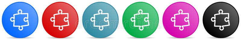Puzzle vector icons, set of circle gradient buttons in 6 colors options for webdesign and mobile applications stock illustration